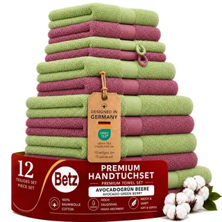 Betz Premium Handtuch-Set 12-teilig – 100% Baumwolle – Oeko-TEX® Zertifiziert – 470 g/m2 – 2 Duschtücher, 4 Handtücher, 2 Gästetücher, 2 Seiftücher & 2 Waschhandschuhe - Farbe Beere/avocadogrün
