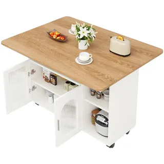 STILVORA Kücheninsel Rollwagen 120x70x80 cm klappbare Tischplatte, Stauraum mit Regalen und Glastüren, Rollen feststellbar, Weiß+Silber+Grau
