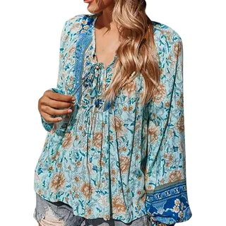 Hippie Bluse Damen Sommer V-Ausschnitt Langarm Tunika mit Blumenmuster Boho Elegant Blusen 70er Jahre Italienische Mode Leinenbluse Leicht und Luftig Viskose Dünne Longbluse Ausgefallene Strandhemd