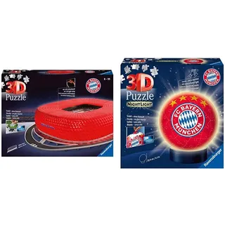 Ravensburger 3D Puzzle - Allianz Arena bei Nacht - 216 Teile & 3D Puzzle Nachtlicht FC Bayern München - Fanartikel für Kinder ab 6 Jahren, LED Nachttischlampe mit Klatsch-Mechanismus, Schlummerlicht