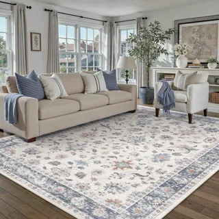 PureCozy Waschbarer Teppich 160x230cm Wohnzimmer Blumenmuster kurzflor rutschfest Weich Bumen Boho Vintage Teppiche für Schlafzimmer Küchen Esszimmer Bedroom Living Room, Blau & Weiß
