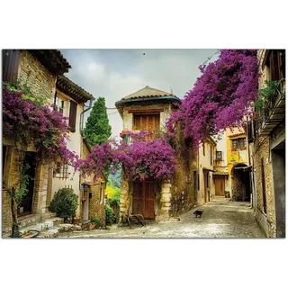 Wallario Outdoor-Poster für Garten oder Balkon Malerische Stadt in der Provence mit bunten Blumen, Motivbanner Größe: ca. 60 x 90 cm, Outdoor-Bild