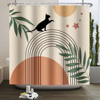 Boho-duschvorhang 180 X 180 Cm – Abstraktes Grünes Katzen-sonne-mond-muster, Moderner Und Ästhetischer Stil