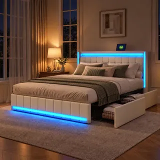 Polsterbett Doppelbett 180x200 cm, Stauraumbett mit 4 Schubladen, Bett 180x200 mit Bettkasten und Lattenrost, LED Kopfteil mit USB Ladestation, Jugendbett Funktionsbett Rückenlehne Bett, Leinen