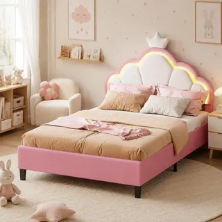 Polsterbett 90x200 für Kinder mit LED-Beleuchtung, Kinderbett Bettgestell für Mädchen mit Wolken-Kopfteil, höhenverstellbares Kopfteil, Prinzessin Bett Rosa mit Lattenrost, Samt (Rosa, 90×200cm)