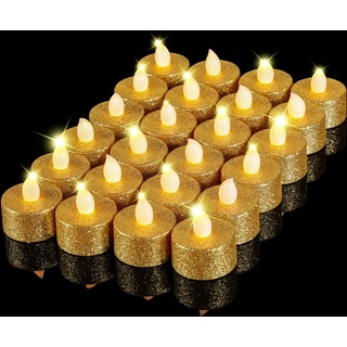 24 Stück Glitzer Gold Teelichter Elektrische LED Teelichter Kerzen Teelichter Batteriebetrieben Flackernde flammenlose Teelichter Kerzen Votivkerzen Wunderkerzen Kerzen für Valentinstag, Tisch,
