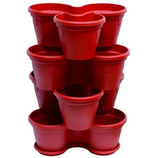 ENGELLAND 4X Blumentopf, Säulentopf, Pflanzturm, Hochbeet, Pflanztopf-Kübel mit Untersetzer, stapelbar, widerstandsfähig, Kunststoff, für Außenbereich, 44 Liter, Farbe: Rot