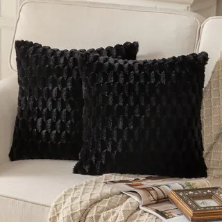 Mandioo 2er Set Schwarz superweichen dekorative Plüsch Kissenbezug Kissenbezüge 60 x 60 cm Wollsamt Dekokissenbezüge Kissenhülle Sofakissen Dekokissen flauschig für Couch Sofa Bett Wohnzimmer