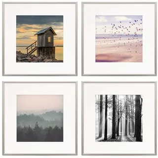 PHOTOLINI Alu-Bilderrahmen 30x30 cm Silber schmal, 4er Set Metall-Rahmen aus Aluminium, bruchsicheres Acrylglas, mit Passepartout für Fotos 20x20 cm, Zubehör, modernes Design für Poster & Fotos