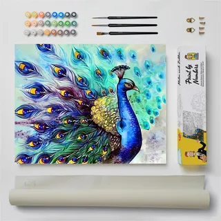 DonElton Malen nach Zahlen für Erwachsene, Tiere – 40 x 50 cm, Malsets mit Pinseln, Acrylfarben und Leinen-Leinwand, rahmenlos – kreatives Geschenk (Pfau)