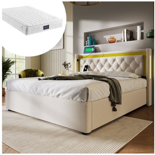 REDOM Polsterbett LED Doppelbett (Bettkasten mit USB Typ C Ladefunktion Kopfteil), Bettgestell aus Baumwolle 140x200 mit lattenrost, Inklusive Matratz beige