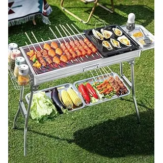 Bonnlo Tragbarer Holzkohlegrill Edelstahl, Camping Grill mit großer Grillfläche, Outdoor für BBQ - Klappgrill, Schaschlikgrill, Ideal für Balkon & Garten, 100 x 31 x 71 cm