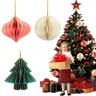 JAHEMU Wabenbälle Weihnachten Papier Weihnachtskugeln Hängen Weihnachtsdeko Honeycomb Lantern für Feiertagsbaum Wand Silvester Dekor 3 Stück