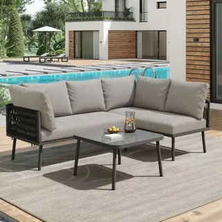 Gartenmöbel Set, Balkonmöbel Gartenlounge Set für 3-4 Personen, Tisch & Kissen, L-förmiges Terrassenmöbel, Ecksofa-Set aus Eisen, Lounge Sitzgruppe, Outdoor, für Terrasse, Balkon, Garten (Grau)