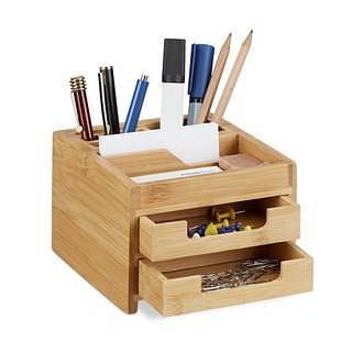 relaxdays Schreibtisch-Organizer braun Bambus 2 Stifteboxen, 2 Schubfächer, 1 flaches Fach Fächer 12,5 x 15,0 x 9,5 cm