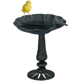Relaxdays Vogeltränke, stehend, Vogelbad aus Gusseisen, winterfest, Wasserschale mit Ständer, Vogelbecken, schwarz-grün, 1 Stück