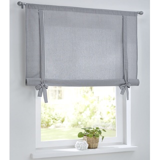 Bindegardine KUTTI "Cottage Raffgardine" Gardinen Gr. 100 cm, Bindebänder, 80 cm, grau (grau,weiß) Landhaus Gardinen kariert, Baumwolle, Stangendurchzug, Bindegardine