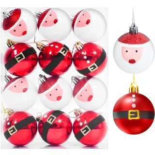 12 Stück 6CM Weihnachtskugeln, Weihnachtsmuster, Kunststoffkugeln, Kugeln zum Aufhängen, Weihnachtsbaumfest, Party und Hochzeitsdekoration (Rot & Weiß)