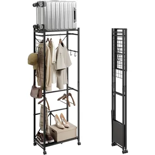 SoBuy Klappbarer Kleiderständer Schmal auf Rollen, 60,5x32,5x175cm | mit Schuhablage, Haken & Gepäckständer für Schlafzimmer Flur Wäscheraum, werkzeugfreie Montage, Schwarz, KLS21-SCH