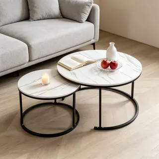 Couchtisch Rund,Satztisch 2er Set,Schwarz Marmor Couchtisch mit Metallgestell,Stapelbar Beistelltisch Set,Sofatisch für Wohnzimmer,Schlafzimmer,Ba... - Weiß
