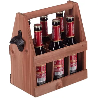 Relaxdays Bierträger aus Holz, mit Flaschenöffner, braun | Flaschenträger 6 Flaschen, Vatertagsgeschenk, Männerhandtasche