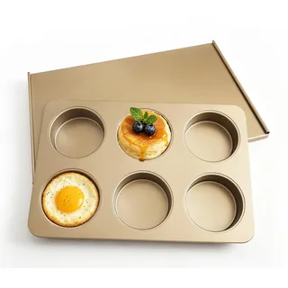 JSJMOFA Muffin Backform mit Deckel, Groß 6er Antihaft Muffinform Backblech, Jumbo Muffinform Gerade Seite Hamburger-Brotformen von Muffins, Cupcakes, Donut, Egg Bites, Ø 8,5cm, Gold