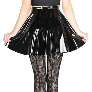 Damen PVC Leder Faltenrock Kurz Wet Look A-Linie Skater Rock Elastischer Taillenbund Für Club Party Tanz Alltag Schwarz Silber S-XL