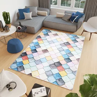 TAPISO Toscana Teppich Bedruckter Teppich Bunt Pastellfarben Geometrisch Quadrate Waschbar rutschfest Wohnzimmer Schlafzimmer Büro Modern Design 80 x 150 cm