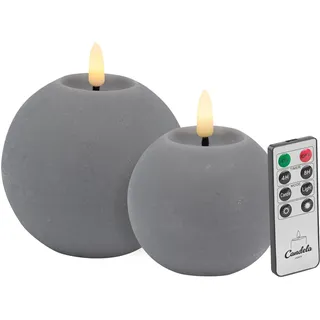 Candela Lights LED Kerzen 2er Set Kugelkerze grau rustic Echtwachs mit Fernbedienung Timer Funktion & mehrstufig dimmbar flammenlos Echtwachskerzen
