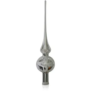 Lauschaer Glas Christbaumschmuck Spitze Silber mit weißen Blumen d 6cm Christbaumschmuck Weihnachtsschmuck mundgeblasen,handdekoriert