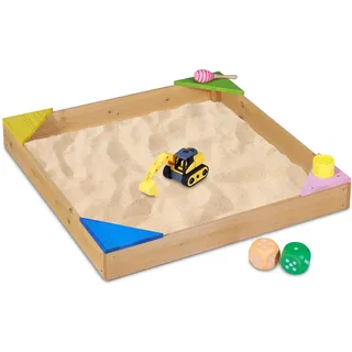 Relaxdays Holzsandkasten quadratische Buddelkiste mit Ecksitzen Gelb/Grün/Braun