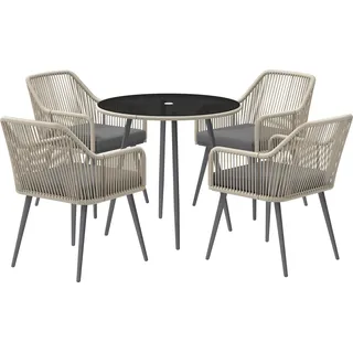 Outsunny Gartenmöbel-Set im Freien aus geflochtenem Rattan für 4 Personen, Tisch und Stühle für den Außenbereich, Gartenmöbel mit Kissen und runder Glastischplatte, für Terrasse, Garten, Balkon, Braun   Aosom