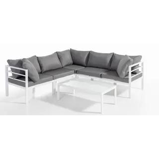 17tlg. Ecklounge-Set mit Glastisch aus Aluminium - Weiß/Grau