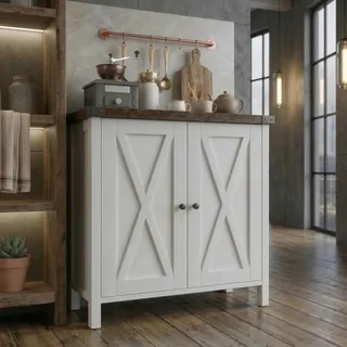 Koioplie Küchenschrank Mit Arbeitsplatte Sideboard Massivholz-Aufbewahrungsschrank Mit Zwei Schubladen Und Türen Für Wohnzimmer Küche Esszimmer Wolkenweiß + Rustikales Braun