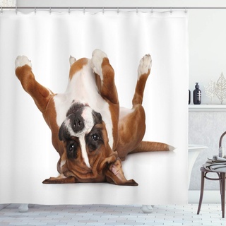 ABAKUHAUS Boxer-Hund Duschvorhang, Lustige Playful Puppy Bild, Stoffliches Gewebe Badezimmerdekorationsset mit Haken, 175 x 200 cm, Pale Caramel Dunkelbraun