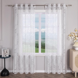 Delien Ausbrenner Gardinen mit Ösen Modern Gardinenschals Transparente »Rose« Gardinen Wohnzimmer Fenster Deko Ösenschals Vorhang mit Blumenmuster 1 St. Weiß,BxH 140x245cm