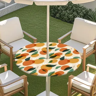 Odot Elastische Tischdecke Runde Outdoor mit Loch und Reißverschluss, Wasserdicht Abwaschbar Tischtuch 3D-Muster Wetterfest Gartentischdecke für Sonnenschirm (Fruchtblätter,M:91-112cm)