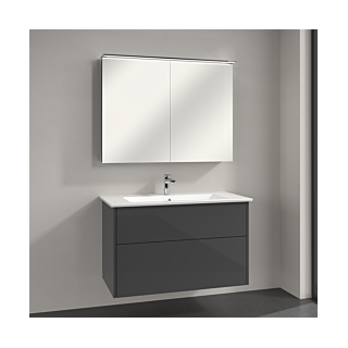 Villeroy & Boch Finero Badmöbel Set 100 cm, Glossy Grey Waschtisch mit Waschtischunterschrank und Spiegelschrank