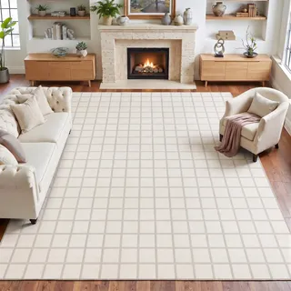 Wohnzimmer Teppich 200 x 300 cm Beige – Waschbarer Gittermuster Teppiche | Antirutsch Kurzflor Teppich, Kinder & Haustierfreundlich für Esszimmer, Schlafzimmer & Büro, Oeko-Tex Zertifizier
