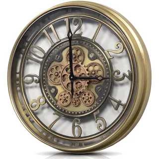 Samilito Wanduhr groß 53,5 cm mit beweglichen Zahnrädern, Industrial Steampunk Vintage Metall-Uhr, Arabische Ziffern, Gold, leises Quarzwerk, Deko für Wohnzimmer, Küche, Büro