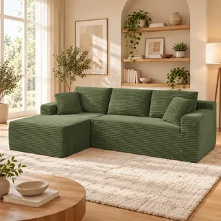 Anwick Modulares Sofa L Form 3 Sitzer Cord Grün 253 cm | Ecksofa mit Chaiselongue, Foam+Spring Polsterung, Cord-Optik, ohne Montage, für Wohnzimmer und Apartment