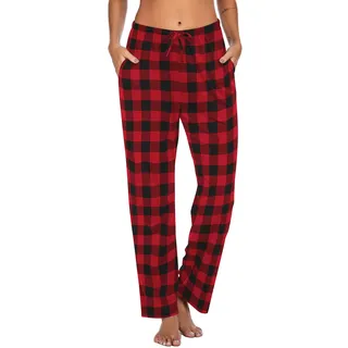 Ekouaer Schlafanzughose Damen Bequeme Pyjamahose Kariert, Rot Karo, XXL - XXL