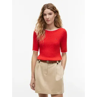 Kurzarmpullover TOMMY HILFIGER "FINE GG CABLE BOAT NK S/S", Damen, Gr. XL (46), rot (fire rot), Strick, Obermaterial: 100% Baumwolle, unifarben mit Farbeinsatz, regular fit normal, U-Boot-Ausschnitt, eingesetzt gerader Abschluss, Pullover, Baumwolle, mit Zopfstrickmuster