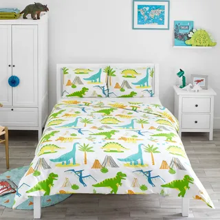 Bloomsbury Mill - Bettwäsche 200 x 200 cm Dinosaurier für Kinder – Doppelbett Bettwäscheset für Jungen und Mädchen – Jurassic Dino Wendebettwäsche und 2 Kissenbezug Set