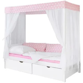 TICAA Himmelbett Lino 90 x 200 cm Kiefer weiß inkl. 2 Schubkästen stern-rosa