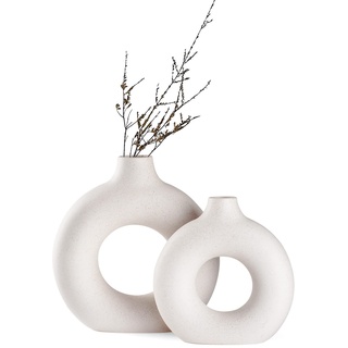 Sawoake Weiße Donut Keramik Vase Satz von 2 für Moderne Home Decor, Runde Matte Vasen für Pampasgras, Neutral Boho Nordic Minimalismus Stil Blumenvasen(Groß+klein)