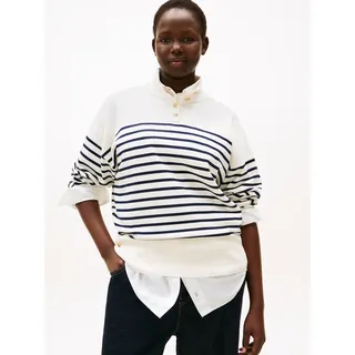 Stehkragenpullover TOMMY HILFIGER CURVE "CRV CO JERSEY GOLD BTN MK-NK SWT", Damen, Gr. 52, weiß (placed thin navy stp sweaters), Strick, Obermaterial: 75% Baumwolle, 25% Polyamid, gestreift, Bündchen, Pullover Stehkragenpullover, in großen Größen, mit goldfarbenen Knöpfen