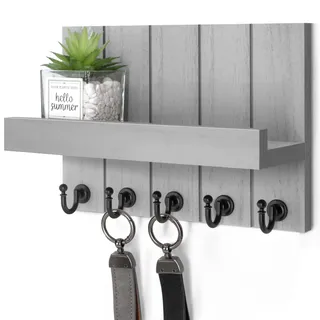 Rebee Vision Schlüsselbrett mit Ablage aus Holz für die Wand – Schlüssel- und Briefhalter mit 5 Schlüsselhaken, Wandregal & Post-Organizer, Dekoration im modernen Stil für Eingangsbereich & Flur, Grau