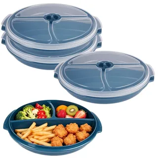 3 Stück Mikrowellenteller mit Deckel und Unterteilung, 24.7 x 22 x 3.5 cm | Mikrowellen Geschirr mit 3 Fach Aufteilung, Portionsteller Plastik Teller, Spülmaschinenfest, zum Aufwärmen Mahlzeiten, Bla