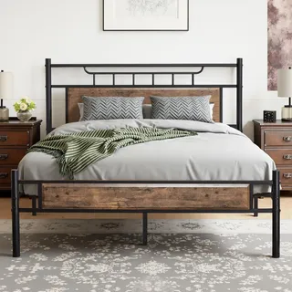 VECELO Retro Massivholz Bettgestell 140x200 cm, Doppelbett mit Dickem Kopfteil & Lattenrost, Stabiler Rahmen ohne Boxspring erforderlich, Komplett-Set für Schlafzimmer und Gästezimmer in Braun